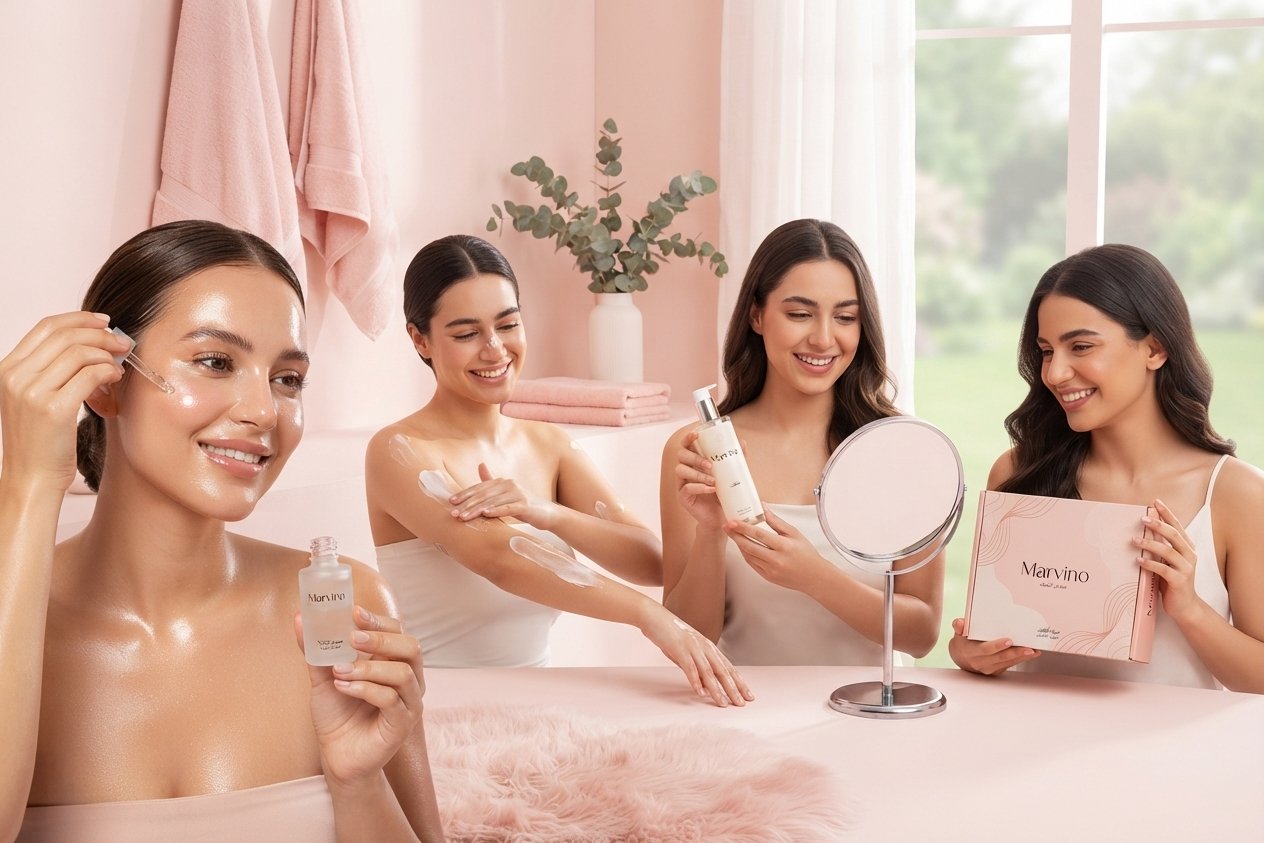 Four adult women enjoying a skincare routine with facial serum, body cream and skincare products in a soft pink bathroom