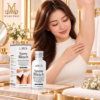 A modest illustration of underarm care with the original Snow Bleach bottle and Marvino logo