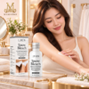 A woman applying body cream beside the original Snow Bleach bottle and Marvino logo