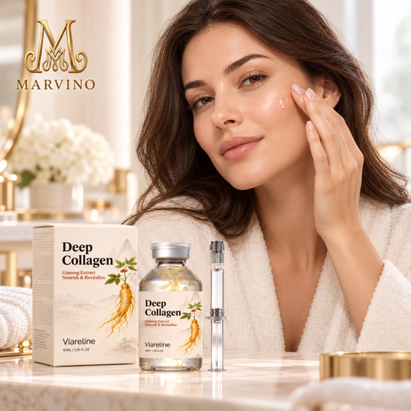 A woman applying Deep Collagen serum beside the original bottle and Marvino logo